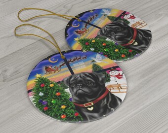 Black Pug in "Christmas Window" Heirloom SINGLE Sided Ceramic Ornament
