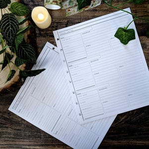 May include: Two white Minor Deities planner pages with lined sections for notes. The pages are on a wooden surface with a lit candle, green leaves, and decorative tape in the background. The pages have sections for Name, Symbols, Manifestations, and Deals.