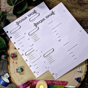 May include: Two printable sheets for creating non-player characters (NPCs) for role-playing games. The sheets are labeled "Minor NPCs" and "Major NPCs" and include fields for name, affiliation, occupation, alignment, description, relation to other NPCs, bonds, ideals, and notes.
