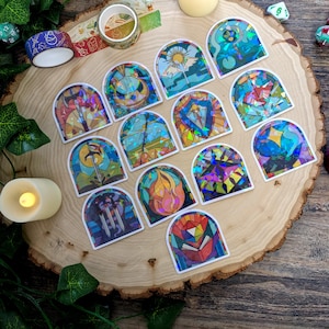 Adesivos holográficos de classe D&D com estilo de vitral