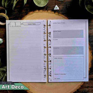 May include: Open notebook with lined pages and a spiral binding. The left page has "Session Notes" at the top. The right page has sections for "Locations Heard of/Visited," "Important People," and "Encounters." The notebook has an Art Deco design.