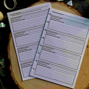 May include: Two light purple Location Archive pages with lined sections for notes. Each page has a header that reads "Location Archive" and prompts the user to list important places visited. The pages are on a wooden surface.