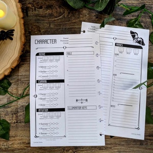 May include: A black and white character sheet for a role-playing game. The sheet includes sections for "Nerve", "Cunning", and "Intuition", with spaces for players to track their character's abilities. The sheet also includes a section for "Marks", where players can track their character's scars, body, brain, and blood.