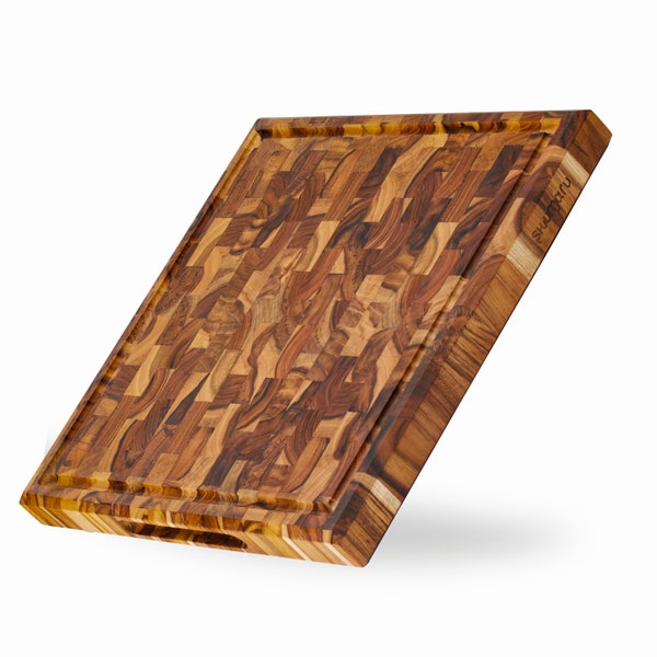 End Grain Butcher Block Cutting Board - [1.5-Inch Thick] 14" x 14" Made of Premium Teak Wood Square Charcuterie Treated with Natural Oil