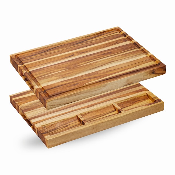 Extra-Large Edge Grain Butcher Block Cutting Board with Sorting Compartments - 20" x 15" x 1.5" Made of Premium Teak Wood