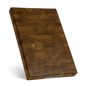 May include: A rectangular end-grain cutting board crafted from dark brown wood. The surface features a visible mosaic pattern of small, interlocking wooden blocks with distinct grain lines and varied natural tones throughout the entire piece.