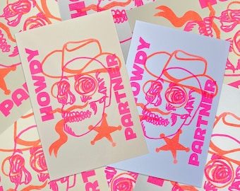 Howdy Partner Cowboy Sheriff Skull Risograph Mini Print Approx. 5 x 7 Orange and Fluorescent Pink Ink
