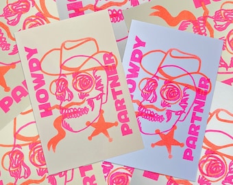 Howdy Partner Cowboy Sheriff Skull Risograph Print: Orange & Flo Pink Ink, Mini Print (5" x 7")