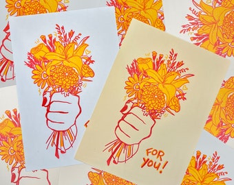 Bouquet For You Risograph Print: Bright Red & Sunflower Ink, Mini Print (5" x 7")
