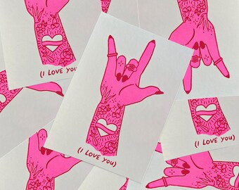 I Love You Hand Risograph Mini Prints (5" x 7") I Valentine's Day Art