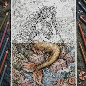 Puede incluir: Una ilustración detallada de una sirena con cabello largo y fluido y una corona de conchas sentada en una orilla rocosa. La mitad inferior de la sirena presenta escamas doradas y una aleta, mientras que la escena circundante incluye olas del océano, redes de pesca, conchas marinas y un barco a lo lejos.