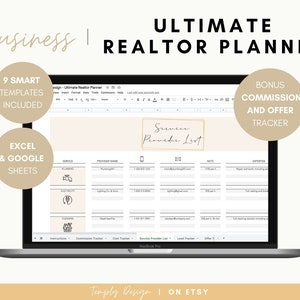 May include: A laptop computer displaying a spreadsheet with the title "Service Provider List". The spreadsheet is part of a realtor planner template. The template is available in Excel and Google Sheets formats. The image also includes the text "Ultimate Realtor Planner" and "9 Smart Templates Included".