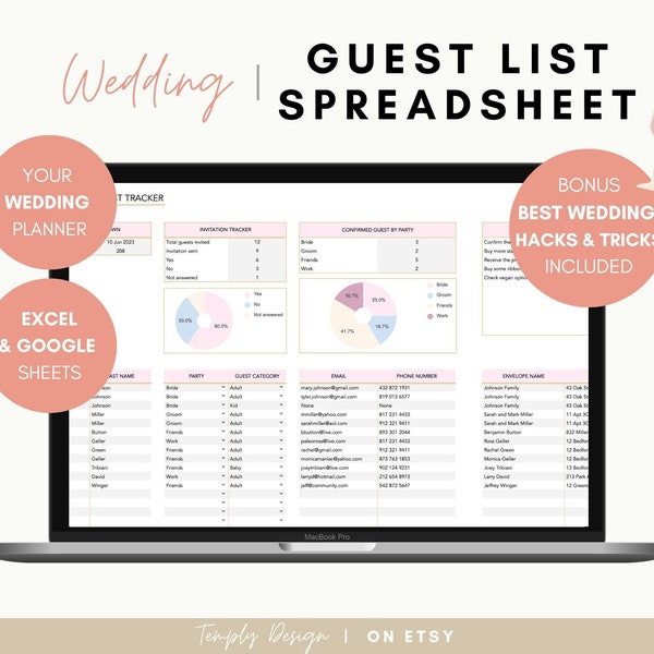 Wedding Guest List Spreadsheets, Excel and Google Sheets RSVP Trackers, Digital Wedding Planners, Invitation Guests Info Table Seating Chart