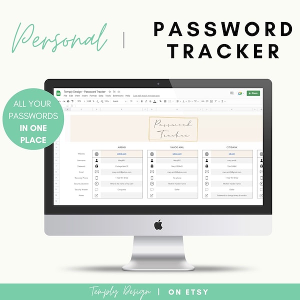 Password Tracker Spreadsheet, 2024 Password List Managers, Login Info Book and Registry, Excel and Google, Security Question Digital Vault