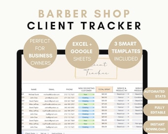 Barber Shop Client Tracker Template, Excel & Google Sheet, Client Management, Transaction Tracker, Automated Sales Dashboard, Barber Planner