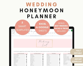 Honeymoon Wedding Planner Spreadsheet, Packing List Itinerary Budged Checklist, Trip Planner in Excel and Google for Wedding DIY Trackers