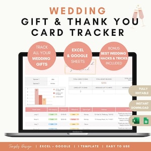Huwelijkscadeau en bedankkaarttracker, huwelijksregister, doe-het-zelfweddingplanner Excel Google Spreadsheets, digitale organisator bedankbericht