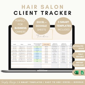 ヘアサロンの顧客追跡テンプレート、Excel および Google スプレッドシート、顧客管理、取引追跡、自動販売ダッシュボード、サロンオーガナイザー