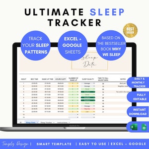 Ultieme slaaptracker in Google Spreadsheet en Excel, spreadsheetsjabloon om slaapkwaliteit en -trends bij te houden met grafieken. Directe download