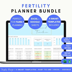 Puede incluir: La pantalla de una computadora portátil muestra un paquete de planificador de fertilidad con cuatro plantillas inteligentes. Las plantillas están diseñadas para usarse con Excel y Google Sheets. La pantalla muestra un gráfico que rastrea la duración del período con el tiempo, una tabla con columnas para la intensidad del período, la intensidad del dolor y la duración del período, y una sección para la duración promedio del período y la duración promedio del ciclo. El texto "FERTILITY PLANNER BUNDLE" se muestra en la parte superior de la pantalla. El texto "PERFECT FOR FAMILY PLANNING" se muestra en un círculo azul en el lado izquierdo de la pantalla. El texto "EXCEL + GOOGLE SHEETS" se muestra en un círculo azul en el lado derecho de la pantalla. El texto "4 SMART TEMPLATES INCLUDED" se muestra en un círculo azul en la parte superior de la pantalla. El texto "DAILY & MONTHLY TRACKER" se muestra en un cuadro azul en el lado derecho de la pantalla. El texto "FULLY EDITABLE" se muestra en un cuadro azul en el lado derecho de la pantalla. El texto "INSTANT DOWNLOAD" se muestra en un cuadro azul en el lado derecho de la pantalla.