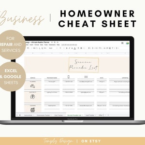 May include: A laptop computer screen displaying a Google Sheet with a homeowner cheat sheet for repair and services. The sheet includes a service provider list, with columns for service, provider name, phone number, email, rate, and expertise. The sheet is fully editable and available for instant download in Excel and Google Sheets formats.