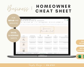 Homeowner Cheat Sheet, Property Management Spreadsheets Service Providers Lists Contractors Contact Info, Excel and Google Templates, Repair