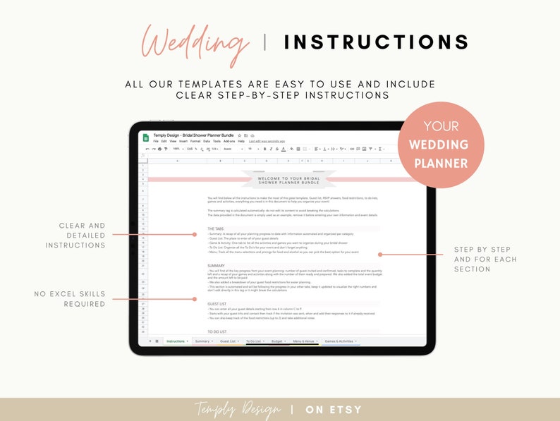 Bridal Shower Planner. Including employee guest list tracker, budget tracker, menu and venue organizer and much more. Instant download spreadsheet, planner and trackers. Digital Excel and Google Sheets Template by Temply Design