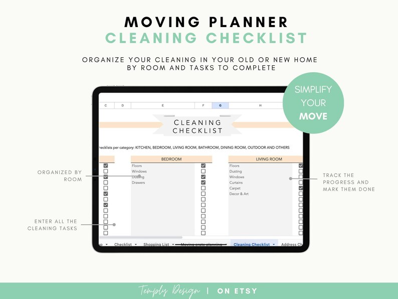 Home moving planner spreadsheet with 8 planners included: Checklist, Packing list, address change, budget, to do list and so much more to organize your move. Instant digital download spreadsheet, planner and tracker in Excel and Google Sheets Template by Temply Design