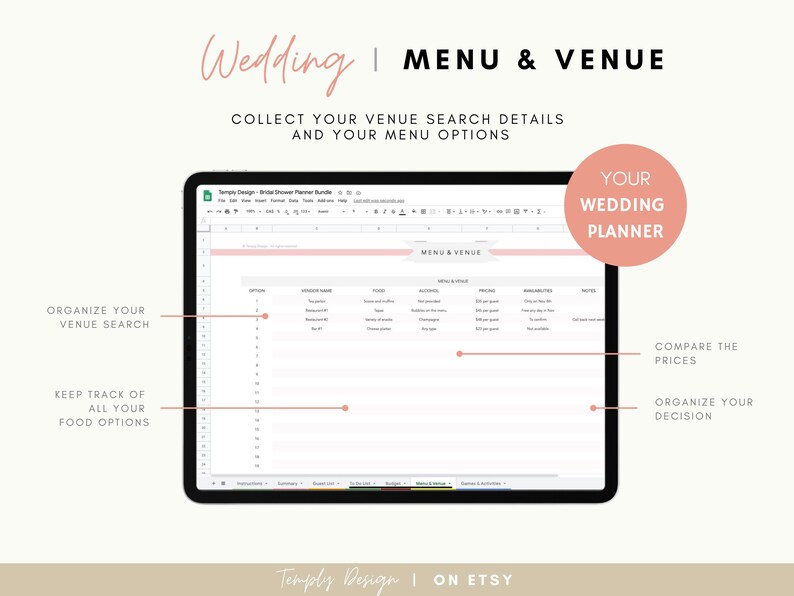 Bridal Shower Planner. Including employee guest list tracker, budget tracker, menu and venue organizer and much more. Instant download spreadsheet, planner and trackers. Digital Excel and Google Sheets Template by Temply Design