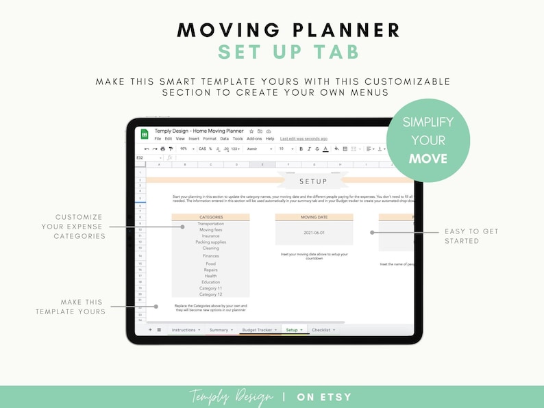 Home moving planner spreadsheet with 8 planners included: Checklist, Packing list, address change, budget, to do list and so much more to organize your move. Instant digital download spreadsheet, planner and tracker in Excel and Google Sheets Template by Temply Design