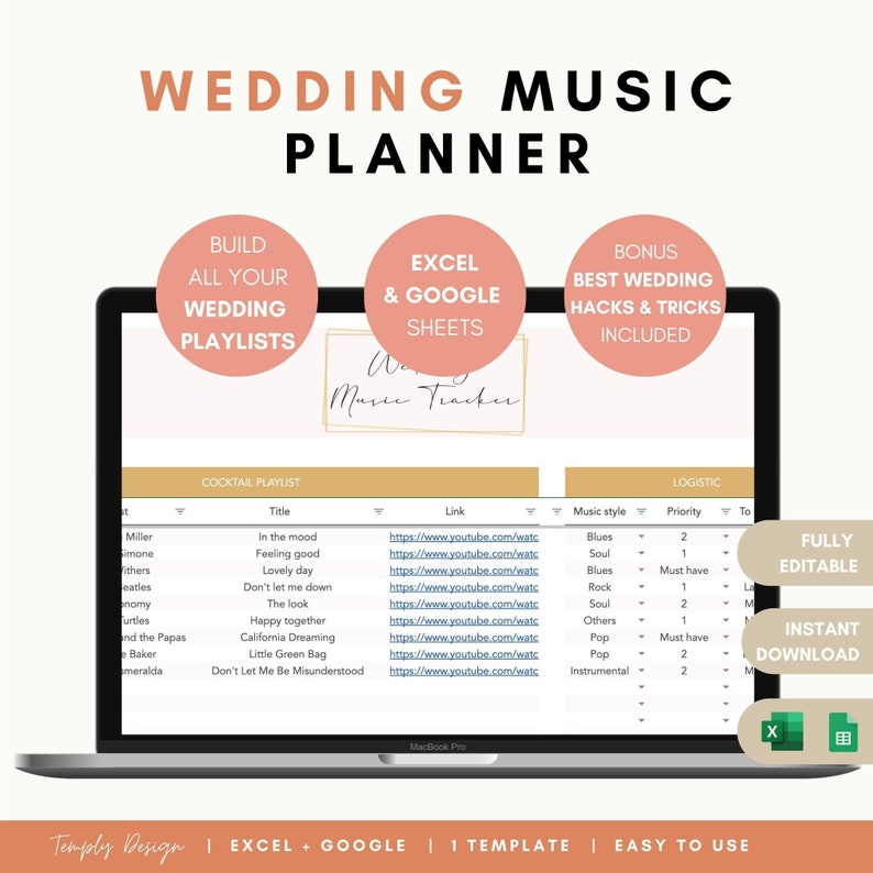 Wedding spreadsheet to organize your wedding planning and build your wedding playlists. In Excel and Google sheets formats. Instant download. Prepare your wedding music easily and in advance. Temply Design