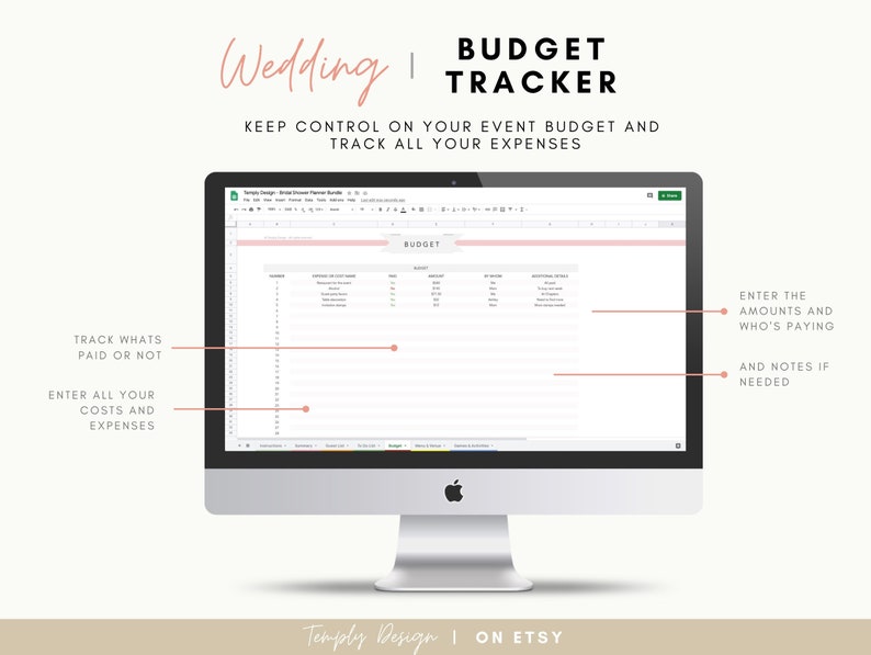 Bridal Shower Planner. Including employee guest list tracker, budget tracker, menu and venue organizer and much more. Instant download spreadsheet, planner and trackers. Digital Excel and Google Sheets Template by Temply Design