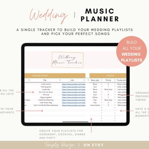 Wedding spreadsheet to organize your wedding planning and build your wedding playlists. In Excel and Google sheets formats. Instant download. Prepare your wedding music easily and in advance. Temply Design