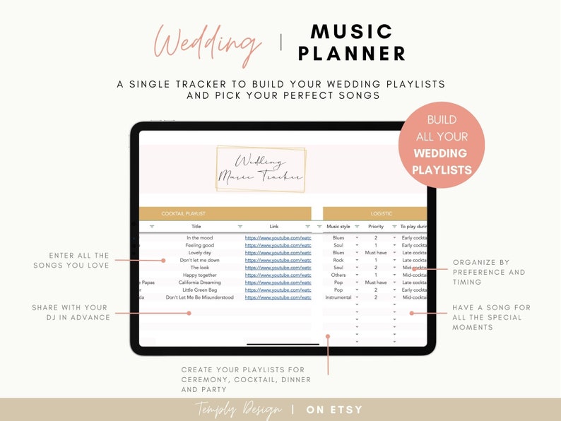 Wedding spreadsheet to organize your wedding planning and build your wedding playlists. In Excel and Google sheets formats. Instant download. Prepare your wedding music easily and in advance. Temply Design
