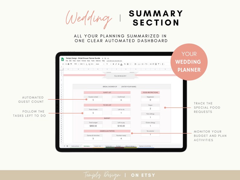 Bridal Shower Planner. Including employee guest list tracker, budget tracker, menu and venue organizer and much more. Instant download spreadsheet, planner and trackers. Digital Excel and Google Sheets Template by Temply Design
