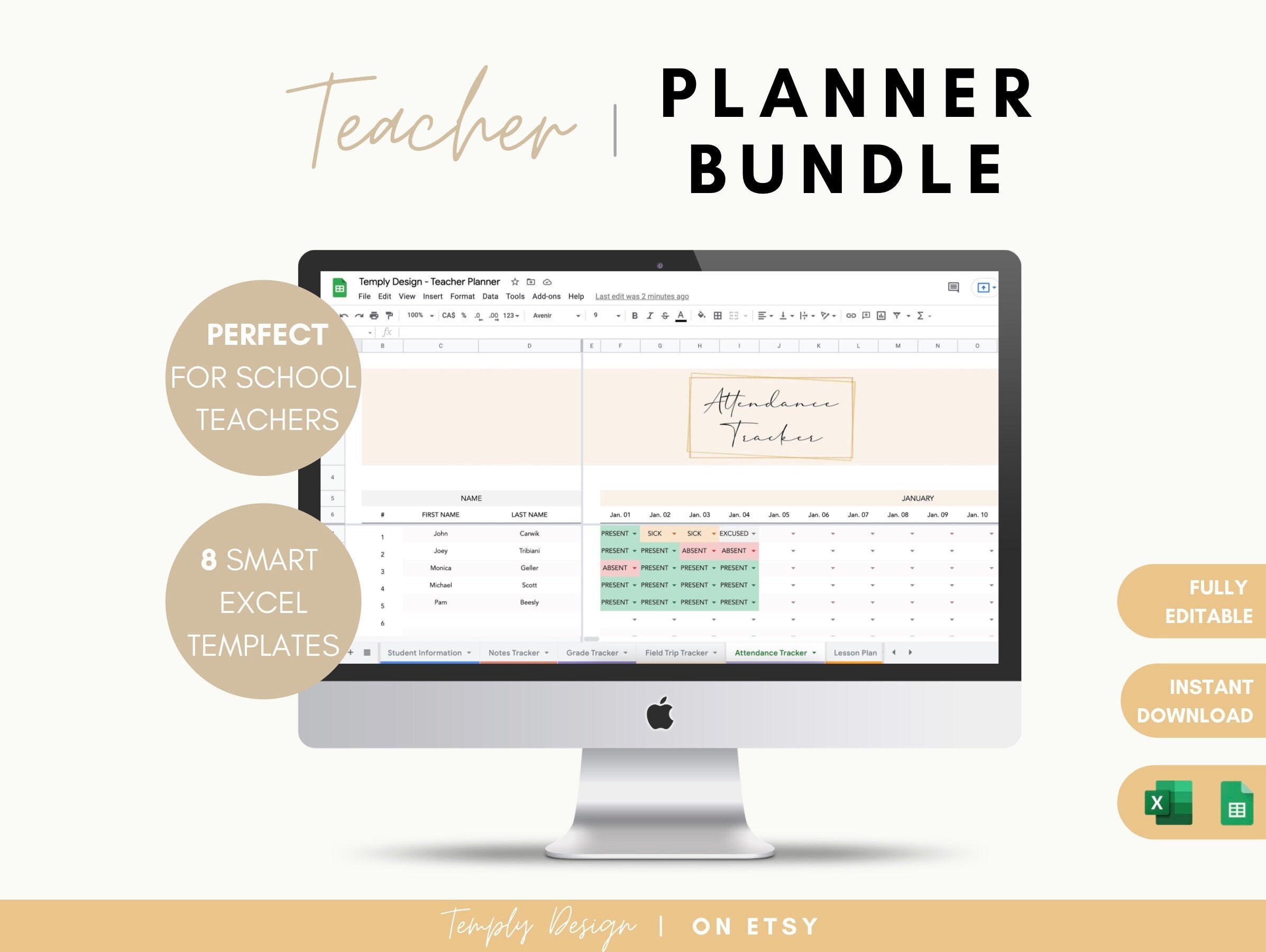 Teacher Digital Planner Bundle, Teaching Tracker, Excel Spreadsheet, School Planning Grades Attendance, Field Trips Student School Organizer