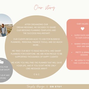 May include: A digital illustration of a couple in a lavender field with text that reads "Our story" and "Thank you for visiting our shop! Contact us if any questions". The text also reads "After organizing our dream wedding, we decided to share our wedding planning templates and the success was instant! Our clients began also to ask for business planners, personal finance tools, and so much more... We tried our best to build beautiful and smart planners for everyone. We are now proud to be supporting thousands of happy clients! We hope you will find the planner that will save your life, and if you don't we're only one message away! C&C". The text also reads "Our Values" and includes bullet points that read "Super quick answers to our customers", "Making spreadsheets easy and simple", "Pretty & minimalist designs", and "We listen to you and take custom requests!"