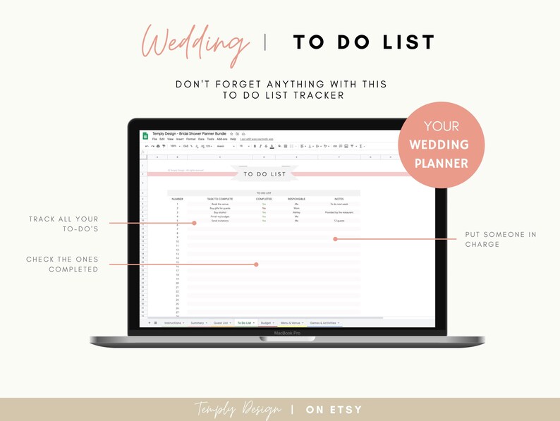 Bridal Shower Planner. Including employee guest list tracker, budget tracker, menu and venue organizer and much more. Instant download spreadsheet, planner and trackers. Digital Excel and Google Sheets Template by Temply Design