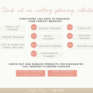 May include: A pink and white graphic with the text "Check out our wedding planning collection" and "Everything you need to organise your perfect wedding!"  The graphic lists 10 wedding planning checklists, including guest list tracker, budget tracker, vendor tracker, music planner, registry tracker, gift and thank you cards tracker, timeline planner, seating plan, and honeymoon planner. The graphic also includes two options for wedding planning bundles: Ultimate Wedding Planner Bundle and Simple Wedding Planner Bundle.