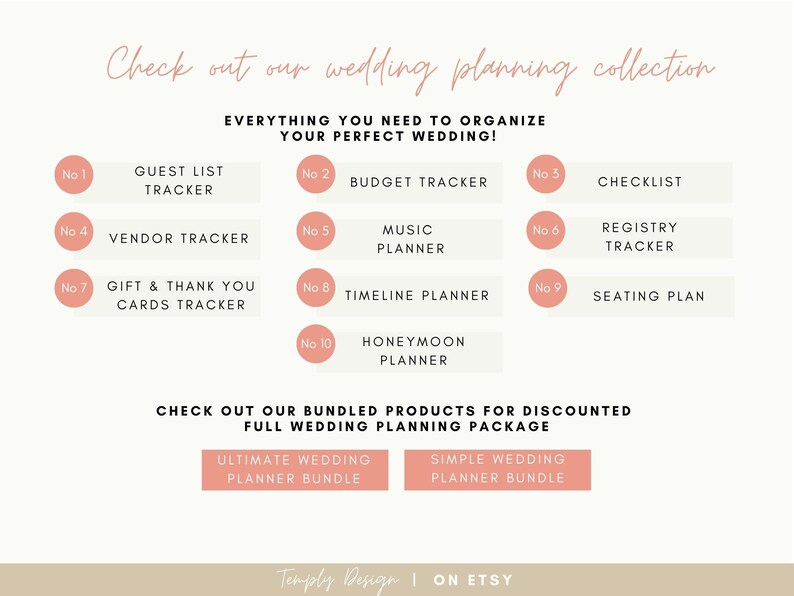 May include: A pink and white graphic with the text "Check out our wedding planning collection" and "Everything you need to organise your perfect wedding!"  The graphic lists 10 wedding planning checklists, including guest list tracker, budget tracker, vendor tracker, music planner, registry tracker, gift and thank you cards tracker, timeline planner, seating plan, and honeymoon planner. The graphic also includes two options for wedding planning bundles: Ultimate Wedding Planner Bundle and Simple Wedding Planner Bundle.