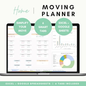 Home Moving Planner, Arkusz kalkulacyjny przeprowadzki 2025 Excel i Google, Nowy śledzenie przeprowadzki, Lista kontrolna pakowania pudeł, Budżet mieszkania, domu