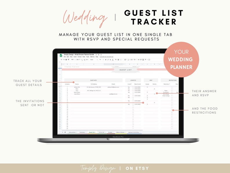 Bridal Shower Planner. Including employee guest list tracker, budget tracker, menu and venue organizer and much more. Instant download spreadsheet, planner and trackers. Digital Excel and Google Sheets Template by Temply Design