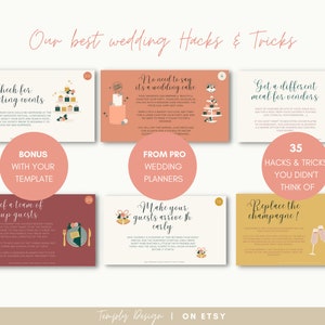 May include: A set of six illustrated cards with wedding planning tips and tricks. The cards are in a peach, yellow, and brown colour scheme. The cards feature illustrations of wedding cakes, champagne, and other wedding-related items. The text on the cards includes phrases like "Check for competing events", "No need to say it's a wedding cake", "Get a different meal for vendors", "Brief a team of backup guests", "Make your guests arrive early", and "Replace the champagne!"