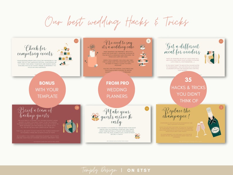 May include: A set of six illustrated cards with wedding planning tips and tricks. The cards are in a peach, yellow, and brown colour scheme. The cards feature illustrations of wedding cakes, champagne, and other wedding-related items. The text on the cards includes phrases like "Check for competing events", "No need to say it's a wedding cake", "Get a different meal for vendors", "Brief a team of backup guests", "Make your guests arrive early", and "Replace the champagne!"