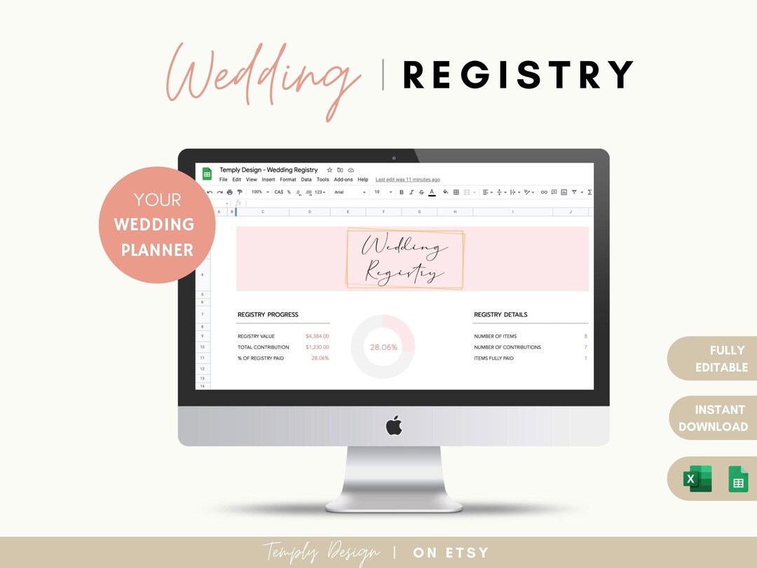 Wedding Registry List, Excel Planner, Guest Contribution Tracker
