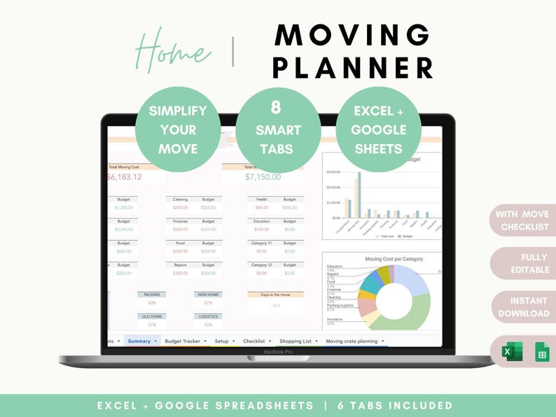 Home moving planner spreadsheet with 8 planners included: Checklist, Packing list, address change, budget, to do list and so much more to organize your move. Instant digital download spreadsheet, planner and tracker in Excel and Google Sheets Template by Temply Design