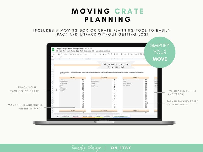 Home moving planner spreadsheet with 8 planners included: Checklist, Packing list, address change, budget, to do list and so much more to organize your move. Instant digital download spreadsheet, planner and tracker in Excel and Google Sheets Template by Temply Design