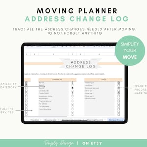 Home moving planner spreadsheet with 8 planners included: Checklist, Packing list, address change, budget, to do list and so much more to organize your move. Instant digital download spreadsheet, planner and tracker in Excel and Google Sheets Template by Temply Design