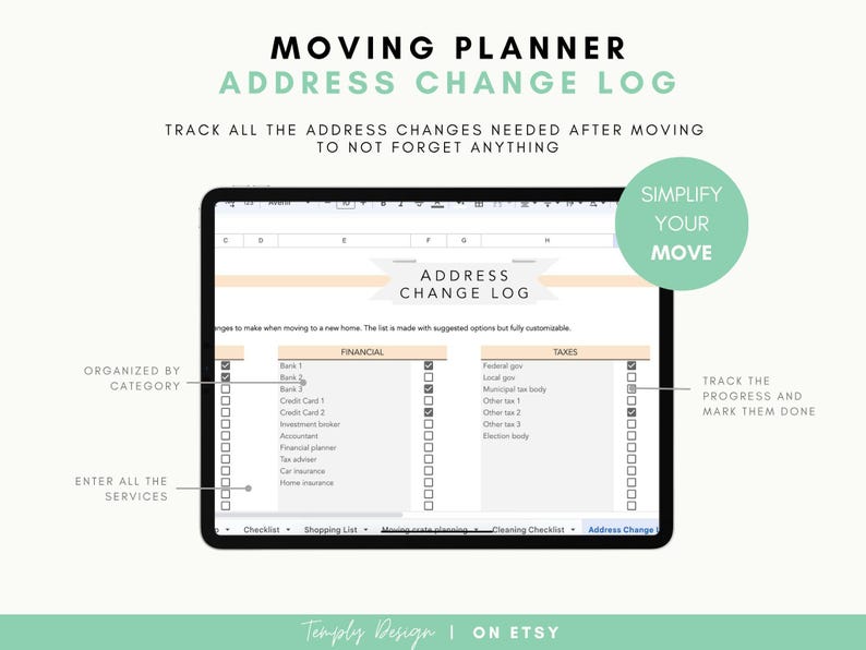 Home moving planner spreadsheet with 8 planners included: Checklist, Packing list, address change, budget, to do list and so much more to organize your move. Instant digital download spreadsheet, planner and tracker in Excel and Google Sheets Template by Temply Design