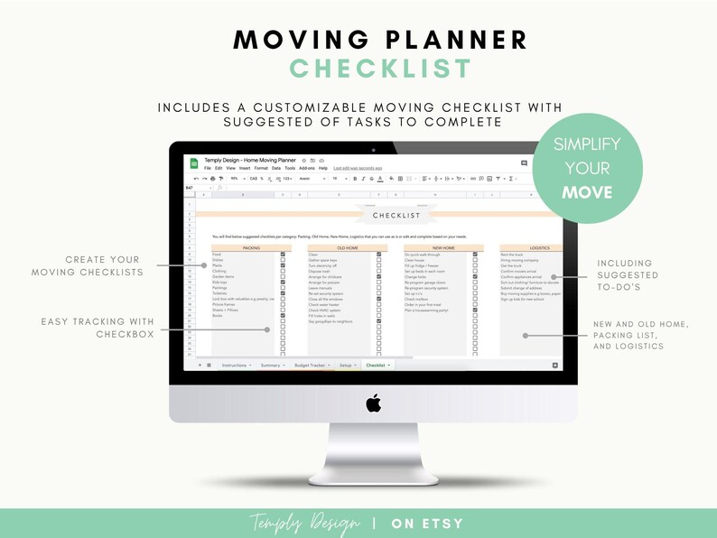 Home moving planner spreadsheet with 8 planners included: Checklist, Packing list, address change, budget, to do list and so much more to organize your move. Instant digital download spreadsheet, planner and tracker in Excel and Google Sheets Template by Temply Design